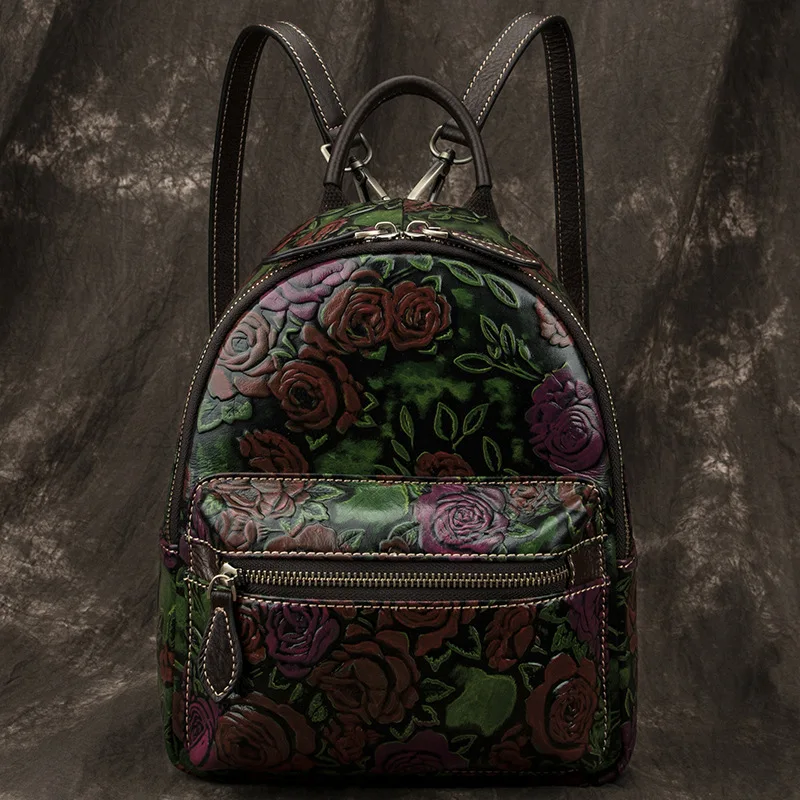 

Real Genuine Leather Travel Daypack School Rucksack Female Bag Knapsack Flower Embossed Multi-Capacity Women Vintage Backpack