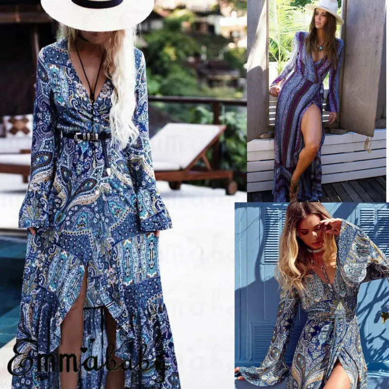 Женское шифоновое платье Бохо С v образным вырезом вечернее пляжное Длинный