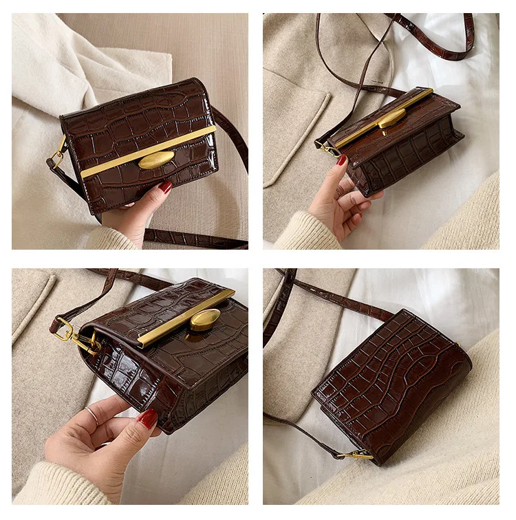 

2019 Winter New Style WOMEN'S Bag Europe And America Crocodile Pattern Square Sling Bag Shoulder Bag Bright Surface Hardware Dec
