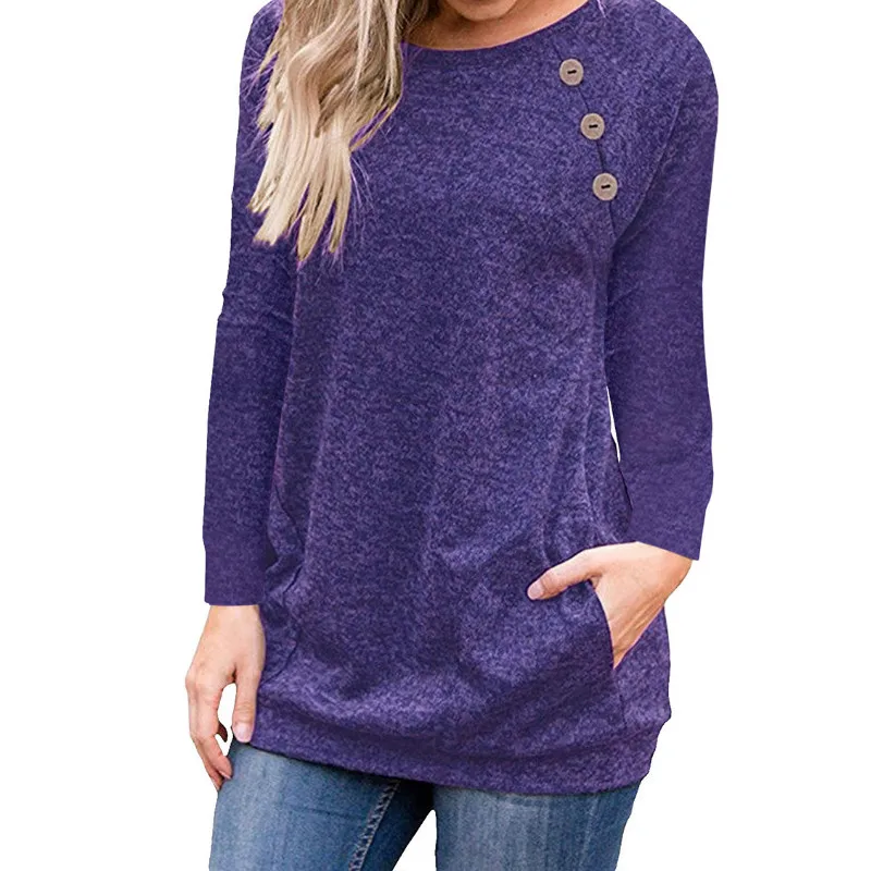 Новая Базовая футболка, зима-осень, женские футболки, круглый вырез, длинный рукав, топ, повседневная, пуговицы, карманы, джемпер, футболка, плюс размер, GV579 - Цвет: Purple Blue