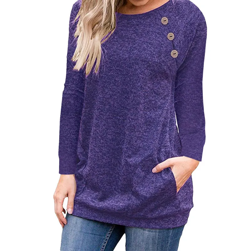 Purple Blue Новая Базовая футболка, зима-осень, женские футболки, круглый вырез, длинный рукав, топ, повседневная, пуговицы, карманы, джемпер, футболка, плюс размер, GV579 - Цвет: Purple Blue