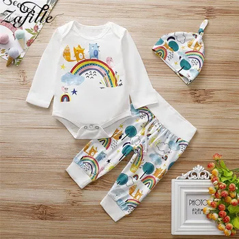 

ZAFILLE Newborn Kids Clothes Autumn Winter Rainbow Print Romper+Cartoon Print Pants For Baby Girl Clothes Set Infant Kids Suits
