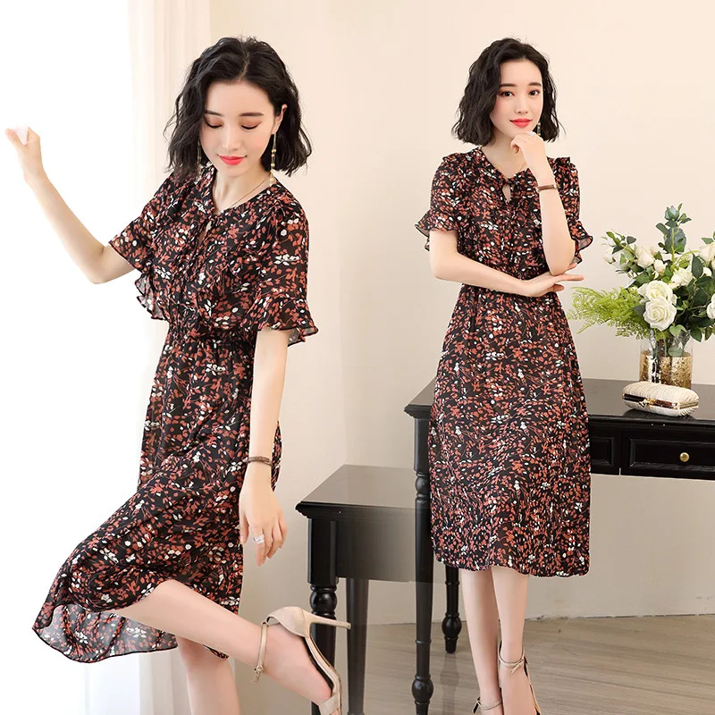 

Floral-Print Chiffon Summer Dress 2019 New Style Korean-style Elegant Flounced Sleeves Slimming Waist Hugging Mid-length Skirt
