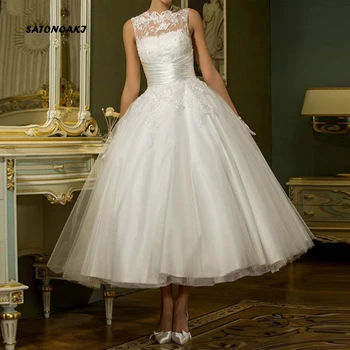 

SATONOAKI Vintage White Sleeveless Short Wedding Dress Women Bridal Dresses Tea Length Retro Dotted Wedding Gown 2019
