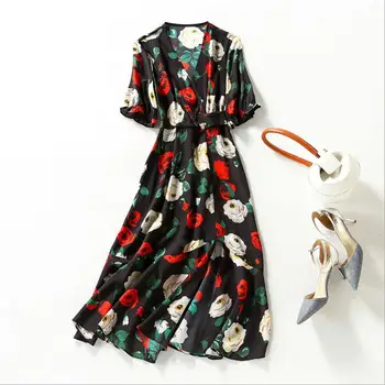 

European and American women's wear 2020 summer new style Five-point sleeve V-neck rose print Fashion 100% silk dresses