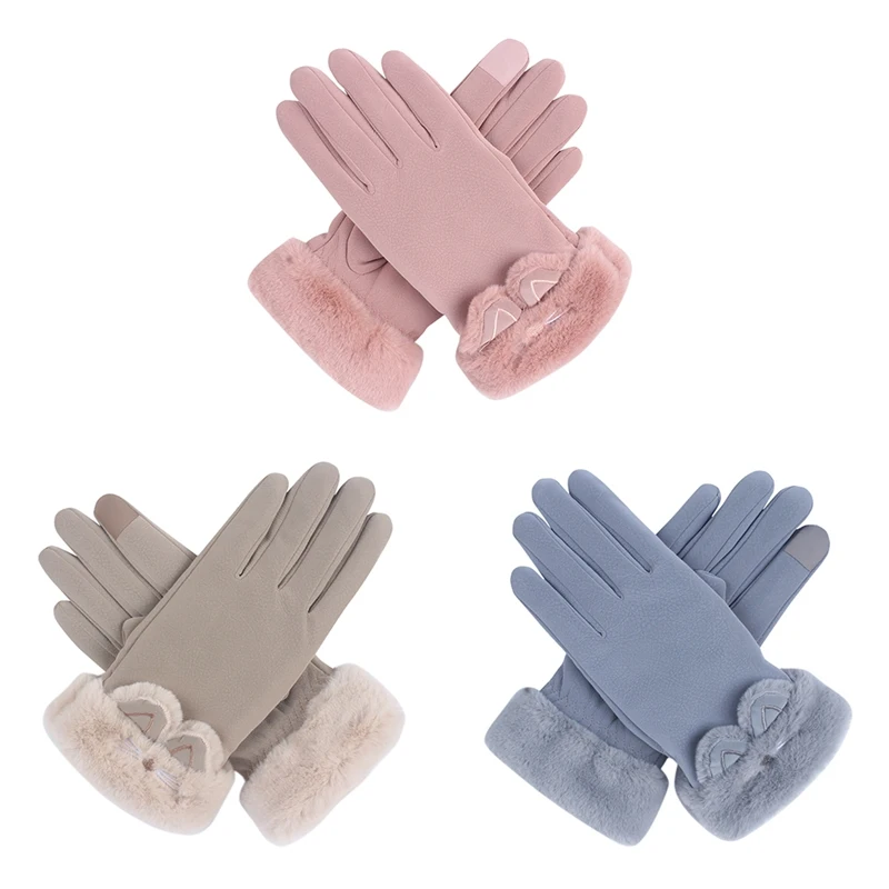 Breathable Soft Comfortable Plus Velvet Cute Cat Ear Furry Mittens Autumn Winter Women Full Finger Touch Screen Thermal GlovesZi