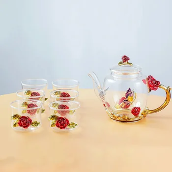 

1PC Enamel Teapot Glass Teapot High Temperature Steamed Tea Boiled Teapot Boiling Water Pot Filter Teapot (Red Rose Style)