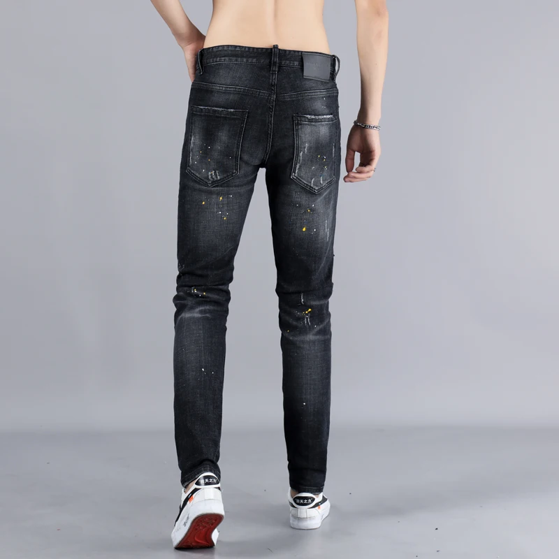 Модные уличные мужские джинсы черного цвета, дизайнерские рваные джинсы с краской, мужские высококачественные брендовые дизайнерские Эластичные Обтягивающие джинсы Homme