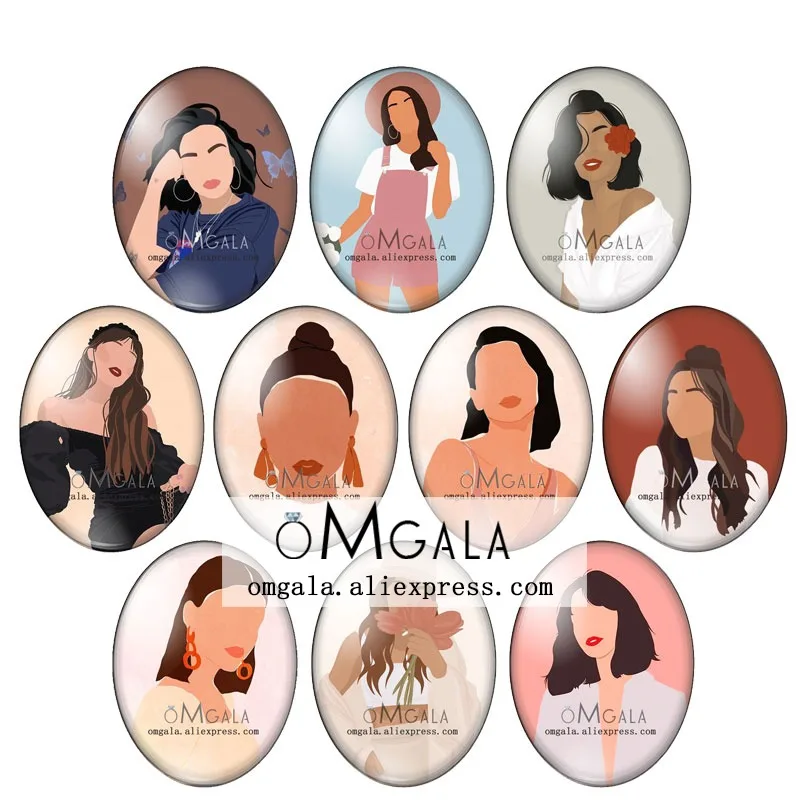 

Fashion modern girl women illustrations 10pcs 13x18mm/18x25mm/30x40mm Oval photo glass cabochon demo flat back Making findings