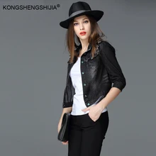 Черная джинсовая куртка с 3/4 рукавом, однобортная, без шляпы, короткий укороченный топ с отложным воротником, женские весенние джинсовые куртки 66204
