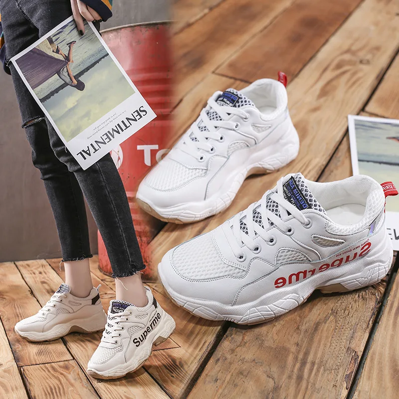 

Super Fire Thick Bottomed Athletic Shoes Women's 2019 New Style Platform Dad Shoes Punched Sheet Surface Lace-up Casual Shoes