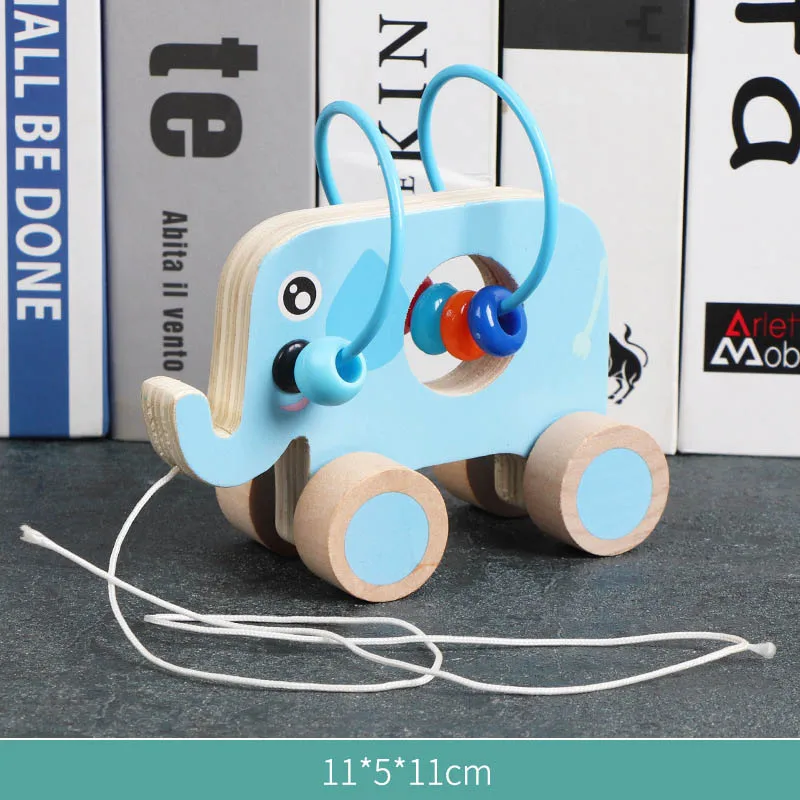Children Educational Cartoon Animal Toddler Drag Toy Small Round Bead Trailer Wooden Round Bead Toy Gifts