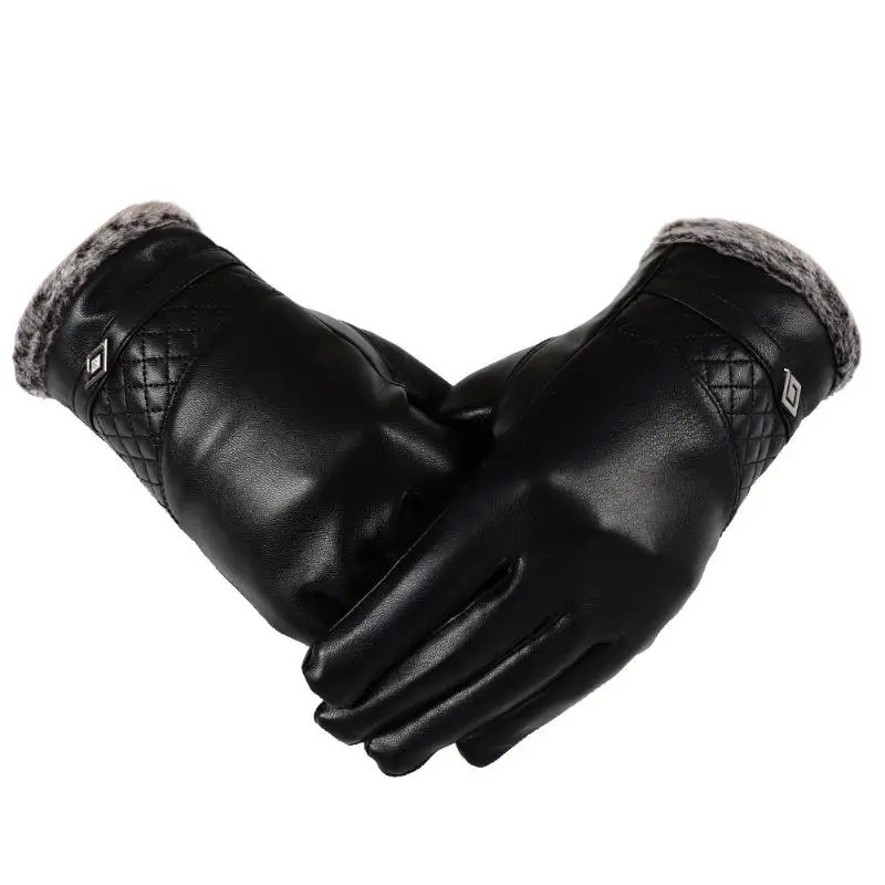 Leather Motorcycle Fleece Gloves Touch Screen Men Women Driving Thickened Gloves Camping and Hiking Accessories - Цвет: Black 8