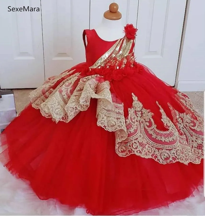 

Gorgeous New Flower Girl Dress Puffy Tulle Applique Lace O Neck Kids Clothing Children Pageant Party Birthday Prom Dress