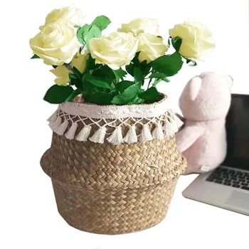 

Foldable Storage Basket Garden Flower Vase Hanging Baskets Creative Natural Seagrass Rattan Straw Laundry Supplier