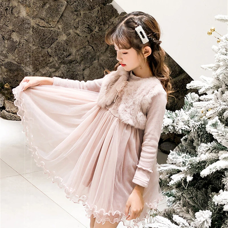 Cute Princess Lace Dress for Autumn Children Wedding Party vestidos Clothes Fur Kids Dresses for Girls Winter Ball-Gown Clothing