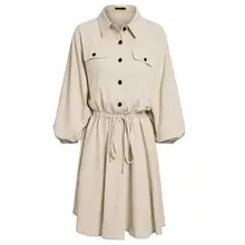 Женская Повседневная льняная Удобная винтажная элегантная мини-рубашка повседневное льняное платье с рукавами-фонариками и отворотом