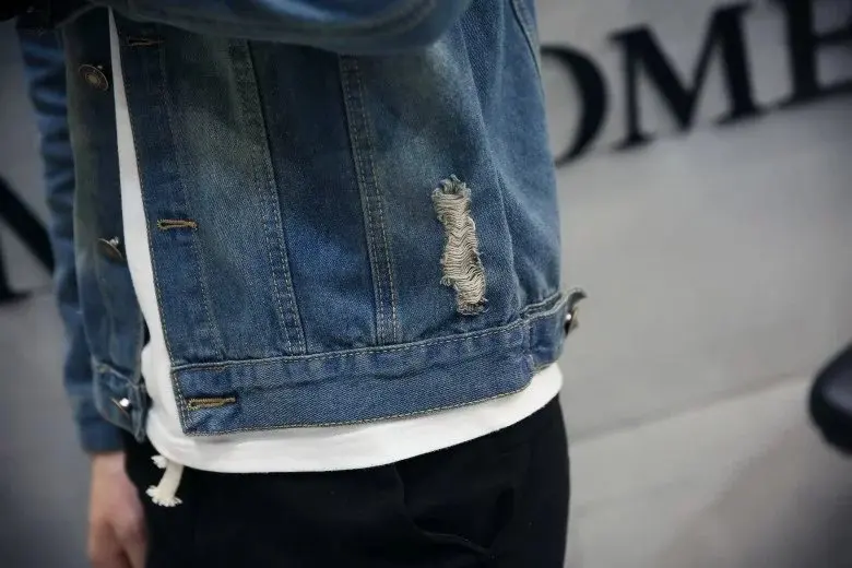 223 New Style Cowboy Clothes MEN'S Coat Fashion Men’s Denim Jacket Cat Whisker with Holes Jacket Men'S Wear Fashion