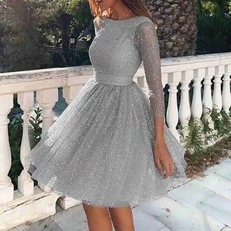 Дамское модное платье с длинным рукавом, элегантное блестящее платье с высокой талией, коктейльное вечернее платье размера плюс, платье принцессы