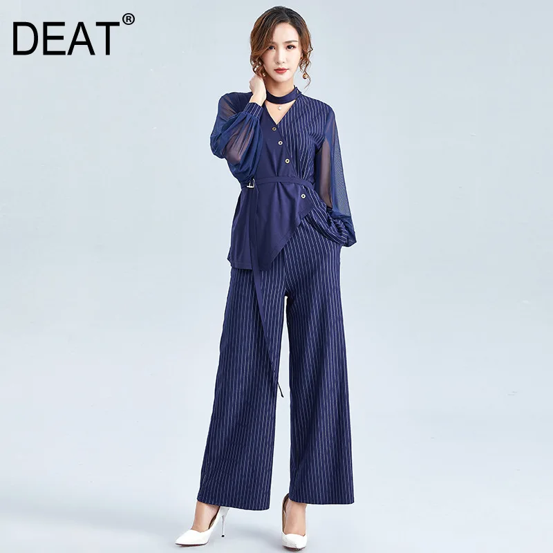 [DEAT] Autumn Fashion Trend New Pattern Office Lady Striped Breathable Wide Leg Pants Women's Long Sleeve Suit AI662