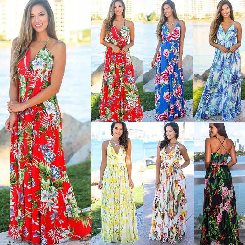 Newest summer 2020 multicolor tropical jungle leaf boho long dress