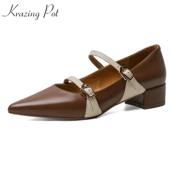 

Krazing Pot Autumn genuine leather med heels pointed toe metal buckle mixed color runway model show handmade women pumps L5f5
