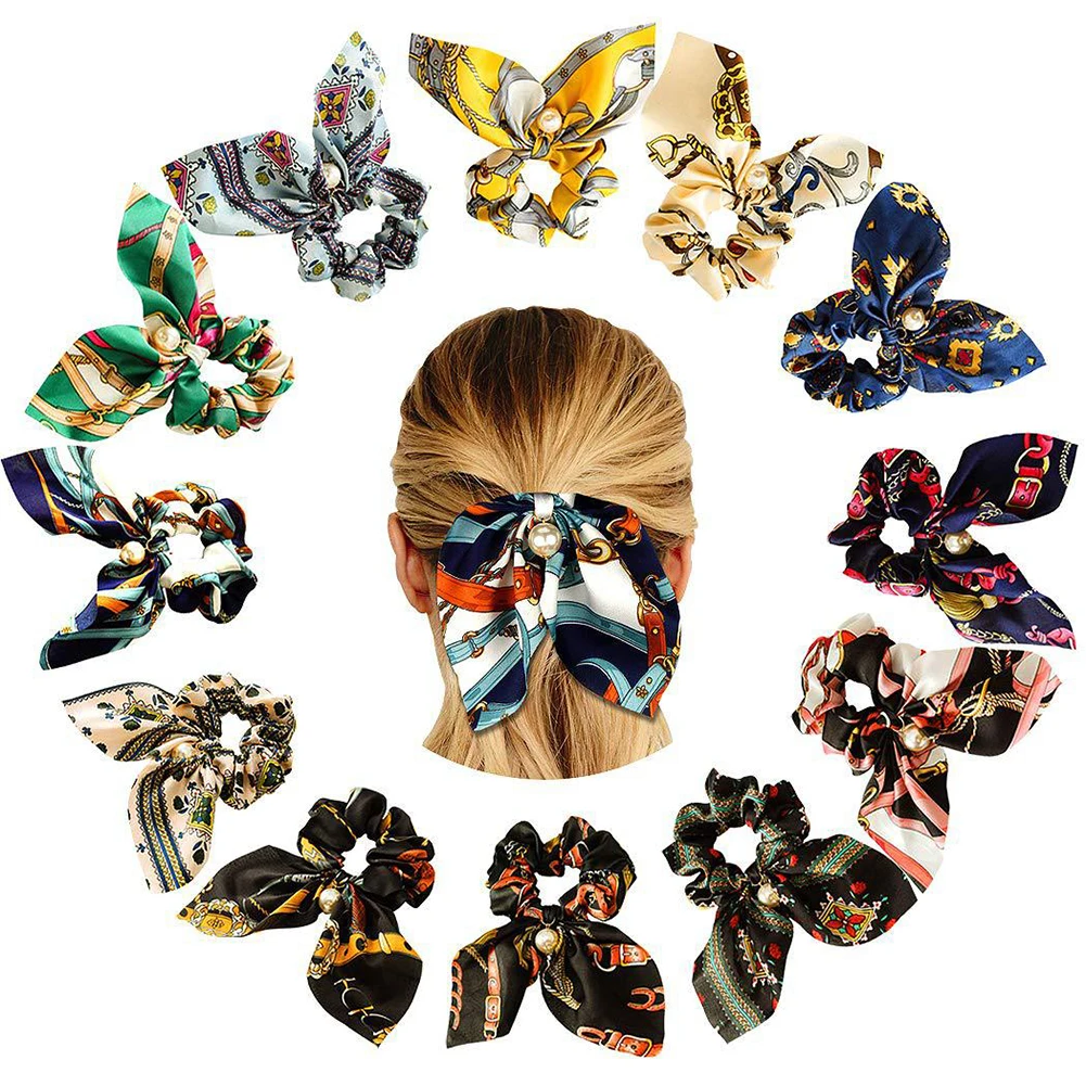 Floral Printed Bow Streamer Scrunchies With Pearl Ponytail Hair Rope Ties |