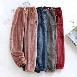 Fall Winter Pants Bottoms for Couples Warm Thick Coral Fleece Sleep Pants Soft Pajamas for Men Women Plus Velvet Trousers