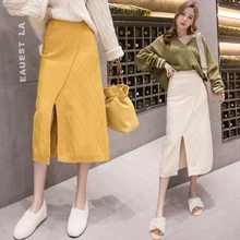 Осень-зима утолщенная Шерстяная Смесь Разделение средней длины вязаный однотонный Повседневная юбка кашемир, проветриваемые теплые обтягивающие, высота до середины голени, вязаная юбка