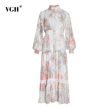 

VGH Print Embroidery Ruffle Dress For Women Stand Collar Lantern Sleeve High Waist Lace Dresses Female 2020 Autumn New