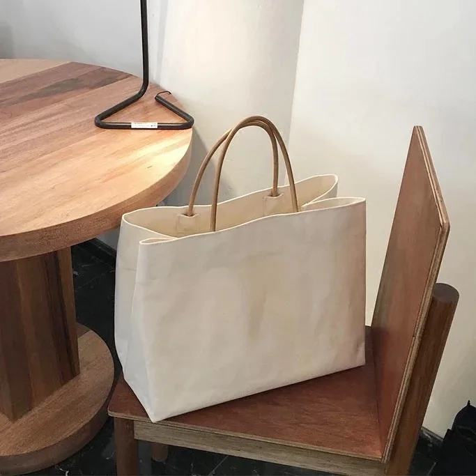 

2020 Korean Style Simple Design Large Size Canvas Handbag Ins Hot Shopping Bag Handbag Solid Color Casual Style Women Bag