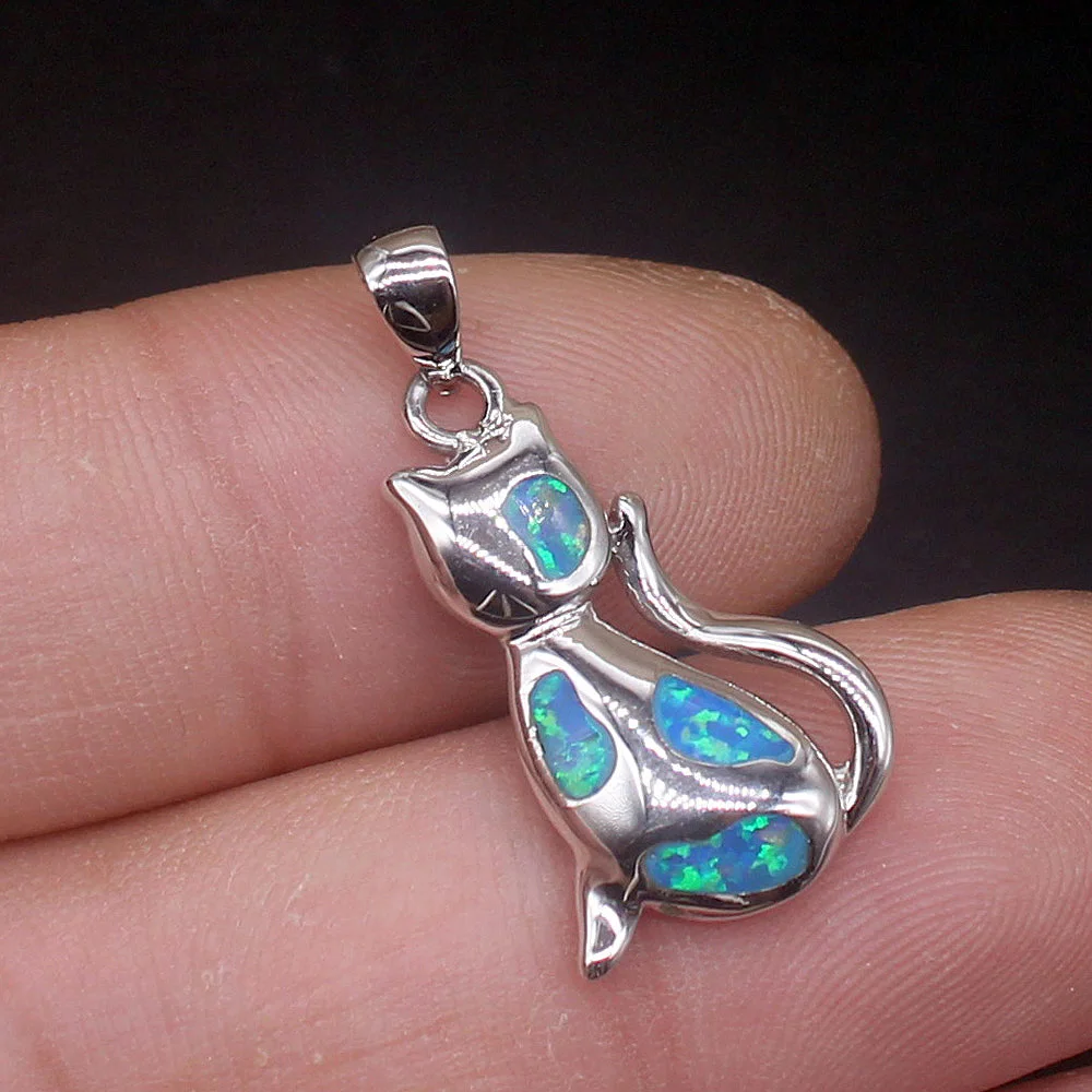Gemstonefactory Jewelry Big Promotion 925 Silver Special Blue Opal Cat Shape Women Ladies Gifts Necklace Pendant 20214530