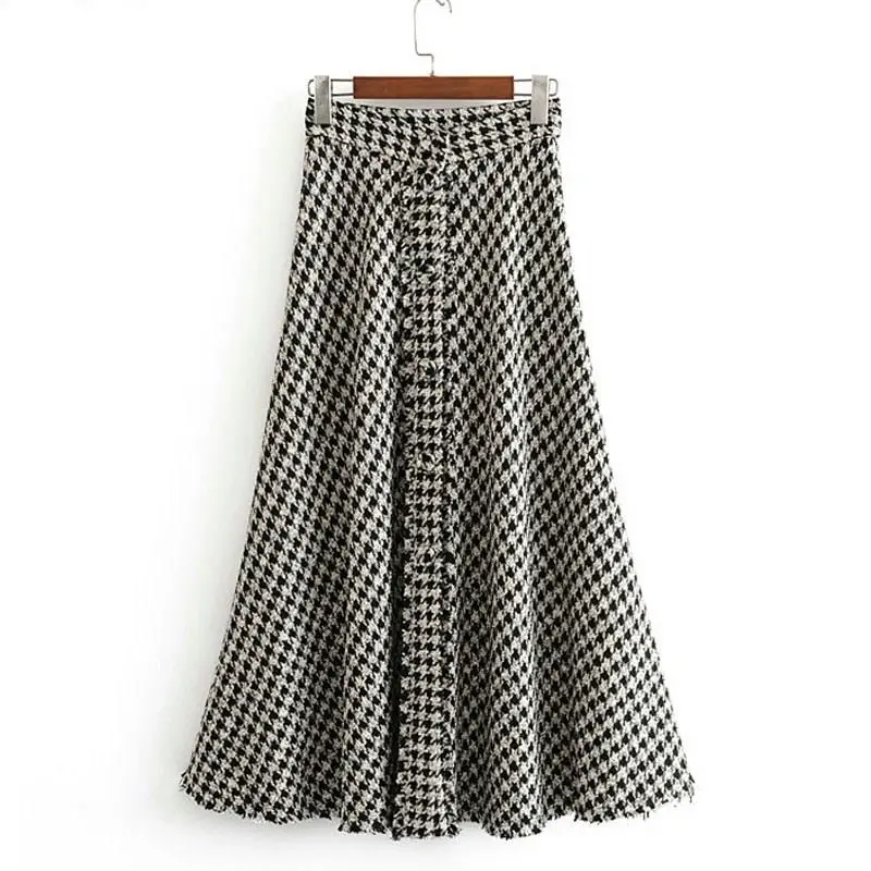 Новые женские осенние юбки трапециевидной формы с высокой талией, плотные клетчатые юбки с кисточками, зимние длинные юбки