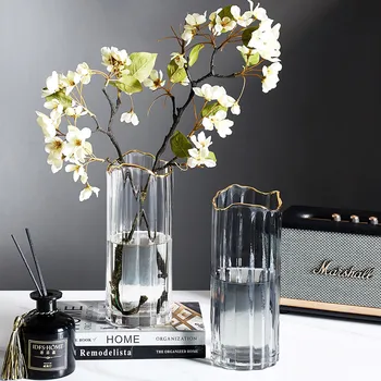 

Vertical Pattern Vase with Gold Edge and Curved Edge Nordic Decoration Home Glass Vases for Decoration Table Decor Accessories