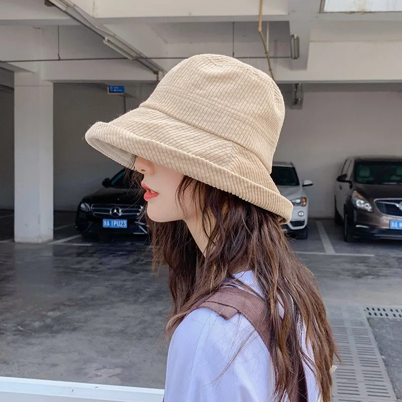 

Corduroy fisherman hat female Japanese big brim spring and autumn wild sun shade hat Korean net red ins basin hat