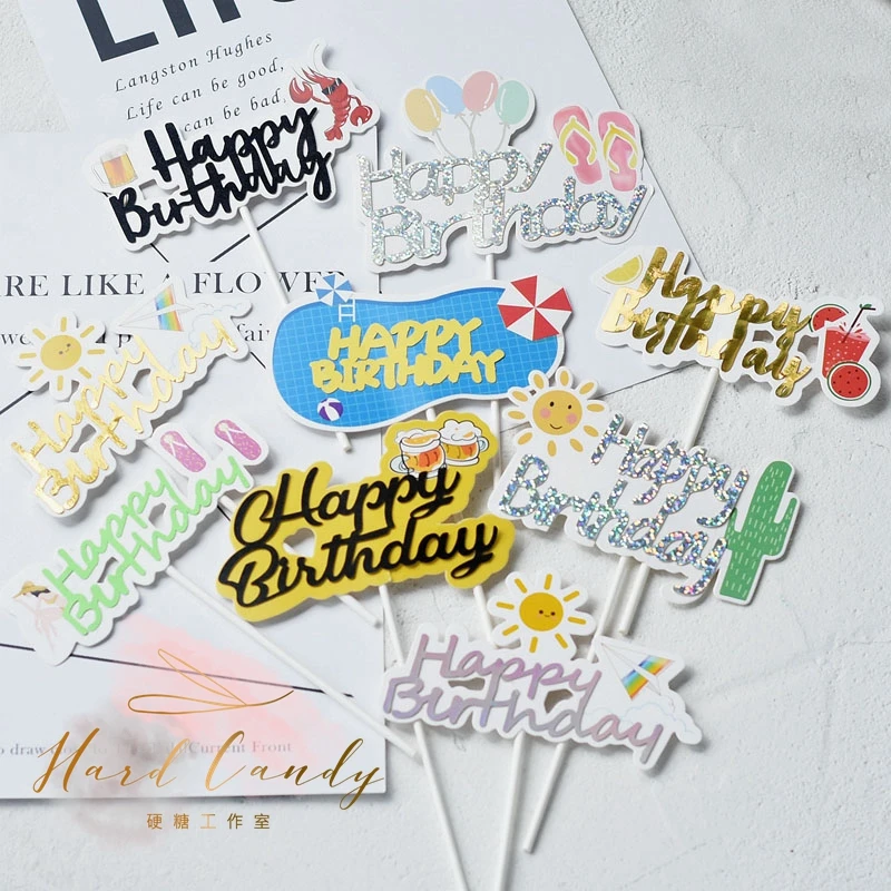 

Or jaune joyeux anniversaire décoration de gâteau rose fleur brillant main écriture lettre décoration pour garçon fille fête fou