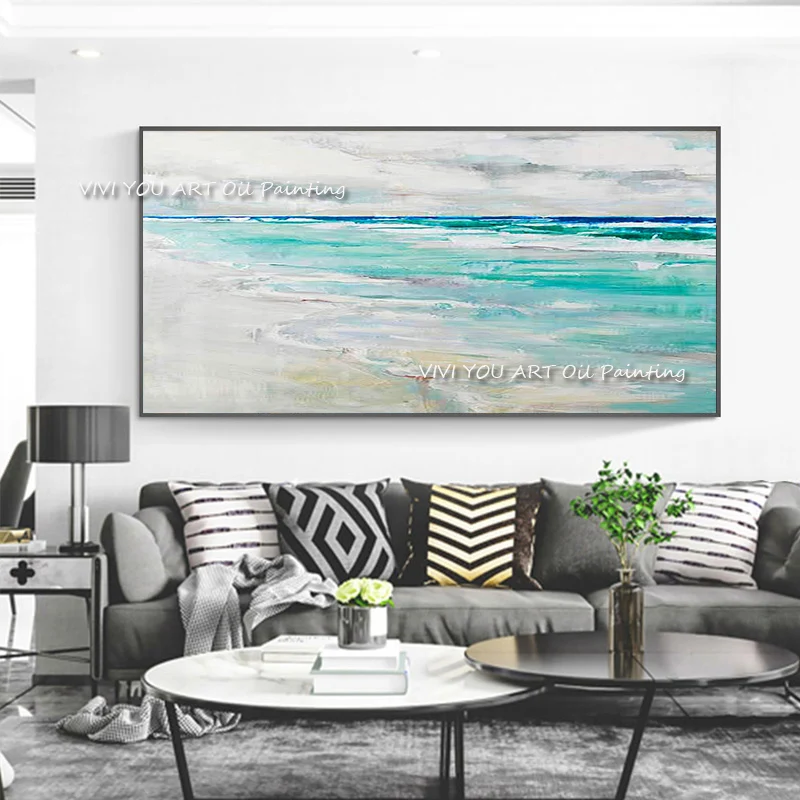 

The Professional Blue Beach Sea View White Sky Cloud Design Paintings Modern Abstract Handmade Oil Painting Decor Wall Pictures