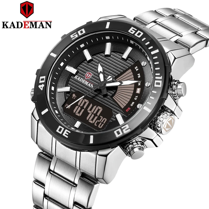 

New KADEMAN Men Sport Watches LED Dual Display Multifunction TOP Luxury Brand Stainless Steel Relogio Masculino Waterproof K9043