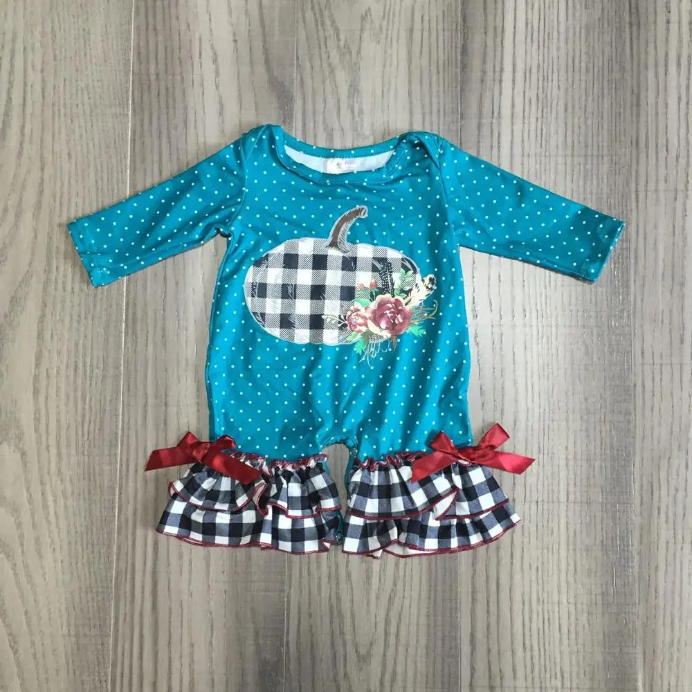 

Thanksgiving Fall/winter baby girls boutique clothes jade plaid pumpkin cute infant cotton fashion tutu romper Toddler match bow