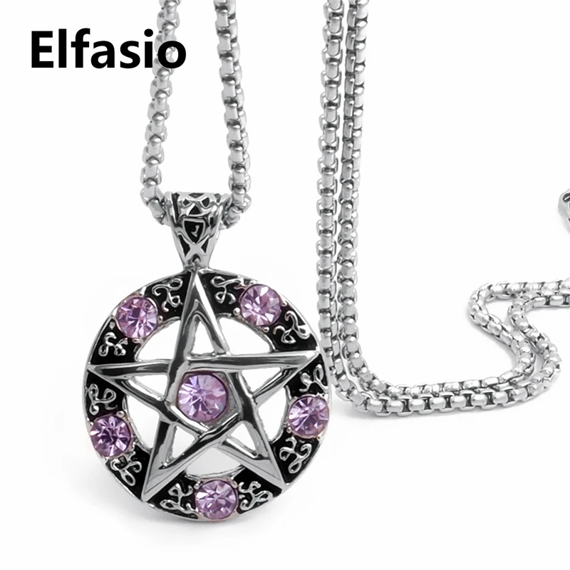 Elfasio Celtic Wicca Pentagram Star Men Women Stainless Steel Necklace Blue/Red/Black/White/Purple Amulet Pendant Chain 3