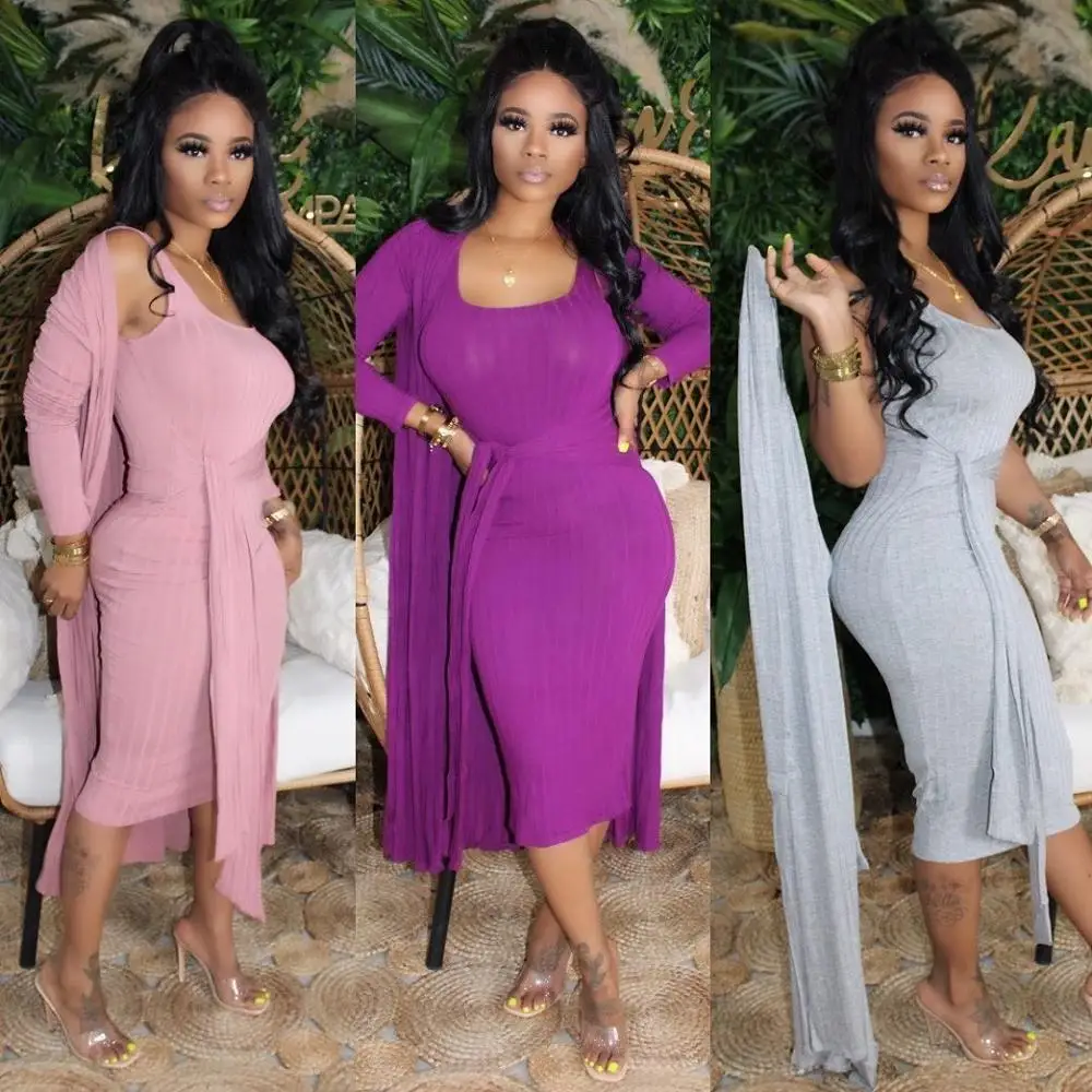 Casual Women Set Long Coat + Dress Bandage Sleeve Madi Two Piece |