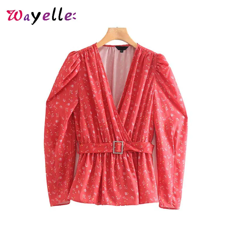 

Women Long Sleeve Shirts V Neck Bow Tie Belt Elastic Waist Women Blouse Print Cross Design Long Sleeve Pleated Elegant Shirts