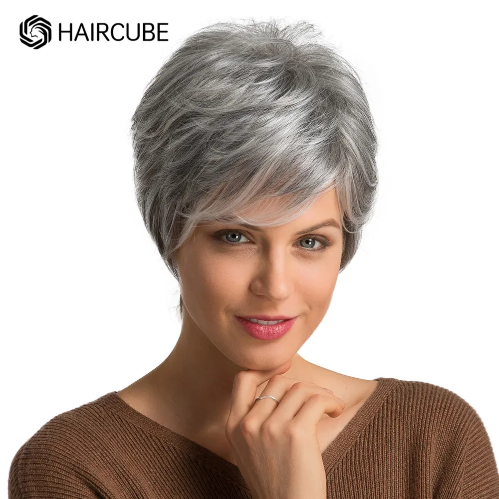 Short Gray Hair Wig with Bangs Silver Ash Pixie Wigs for Women Synthetic Wigs Mixed With Human Hair High Temperature HAIRCUBE