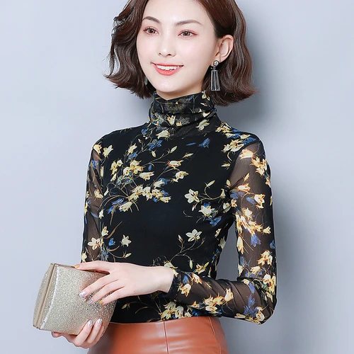 

2019 Autumn New Wind Popular Elastic High Collar Exquisite Print Women Noble Simple Elegant Sexy Comfortable Female Bottom Shirt