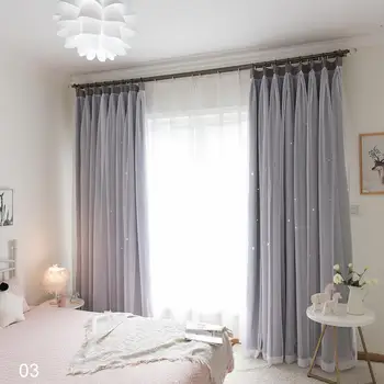 

Unique 2 Layers Hollow Star Thermal Insulated Blackout for Living Room Bedroom Window Curtain Blinds Stitched with White Voile