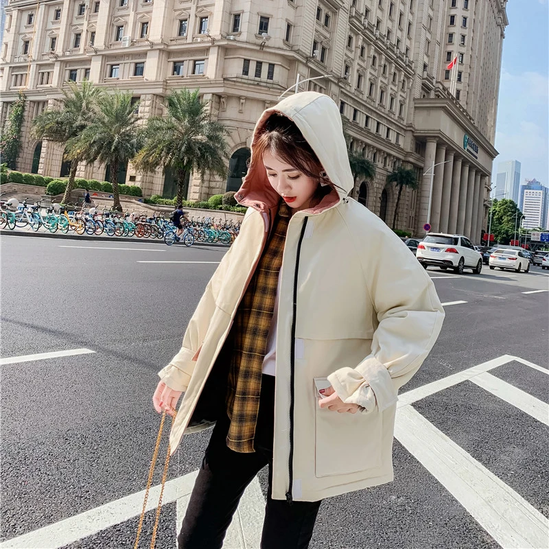 Harajuku Autumn winter women's clothing Coat Parkas casual loose Hooded Solid color Big pocket Thick Warm Outwear