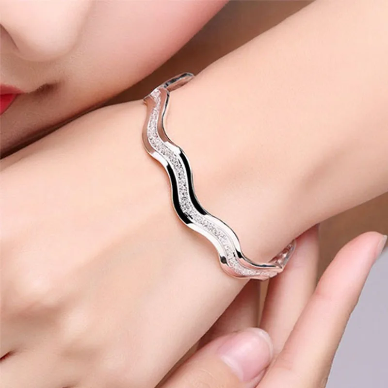 925 Sterling Silver Ladies Shiny Ripple Whirl Bracelet Women Men Girls Open Cuff Bangle Adjustable Gift Present - Image 2