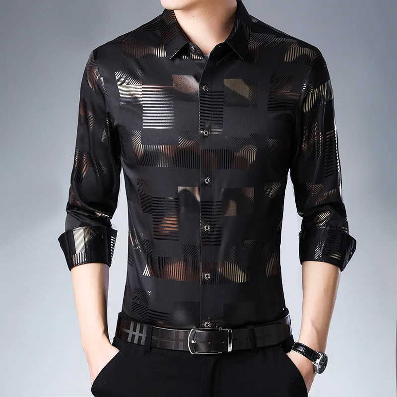 18.1     39.99、M-3XL、New Business Casual Shirts Men Fashion Print Slim Fit Dress Shirt Long Sleeve Camisa Masculina Plus Size Clothes