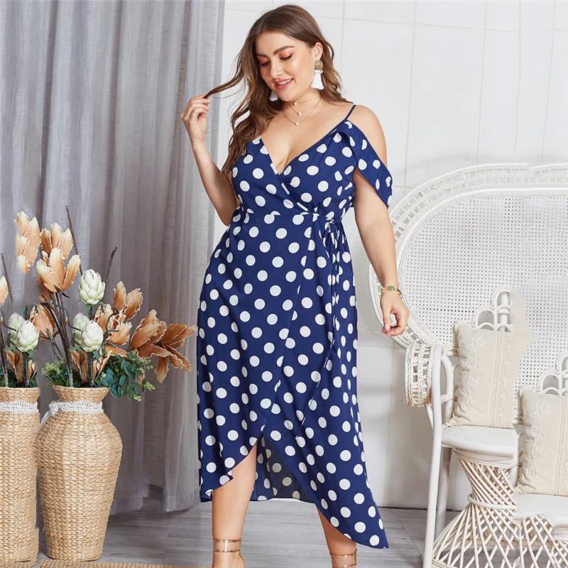 

Polka Dot Women Summer Bandage Dress Plus Size Casual Short Sleeve Ladies Maxi Dresses Fashion Blue Split Vintage Female Dress