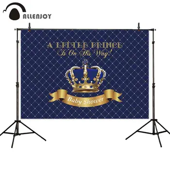 

Allenjoy Baby Shower Background Cloth A Little Prince Is On The Way Grown Lattice Blue Photobooth Child Newborn Party Curtains